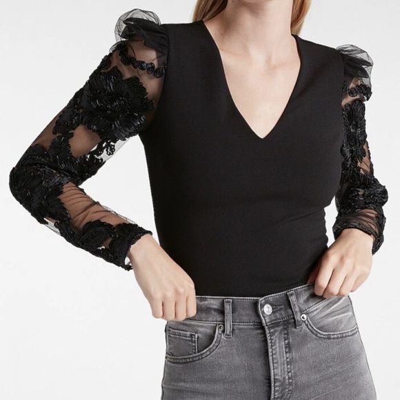 Express Tops - EXPRESS Floral Lace Puff Long Sleeve Thong Bodysuit Blouse Black V Neck